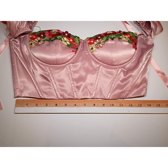 Pink Satin Bustier Corset Size S Renaissance Lace Up Back Sweetheart Poet Sleeve - Picture 10 of 16